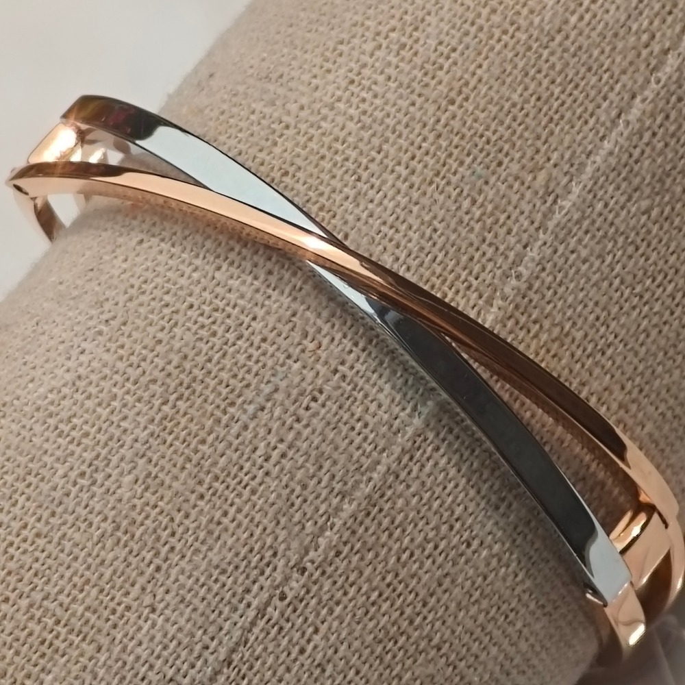 Anne Klein Two Tone Crossover X Bangle Bracelet Rose Gold Silver Tone New NWT